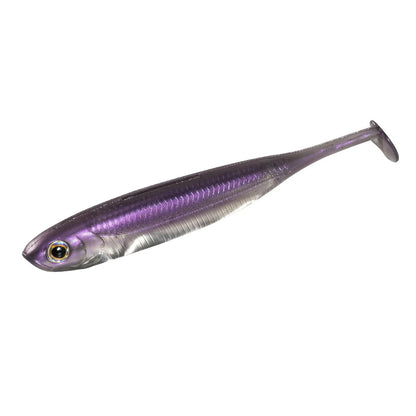 Purple and silver soft plastic fishing lure with lifelike detailing on white background