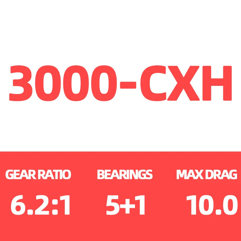 3000-CXH fishing reel specs, gear ratio 6.2:1, 5+1 bearings, max drag 10.0