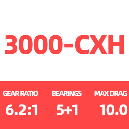 3000-CXH fishing reel specs, gear ratio 6.2:1, 5+1 bearings, max drag 10.0