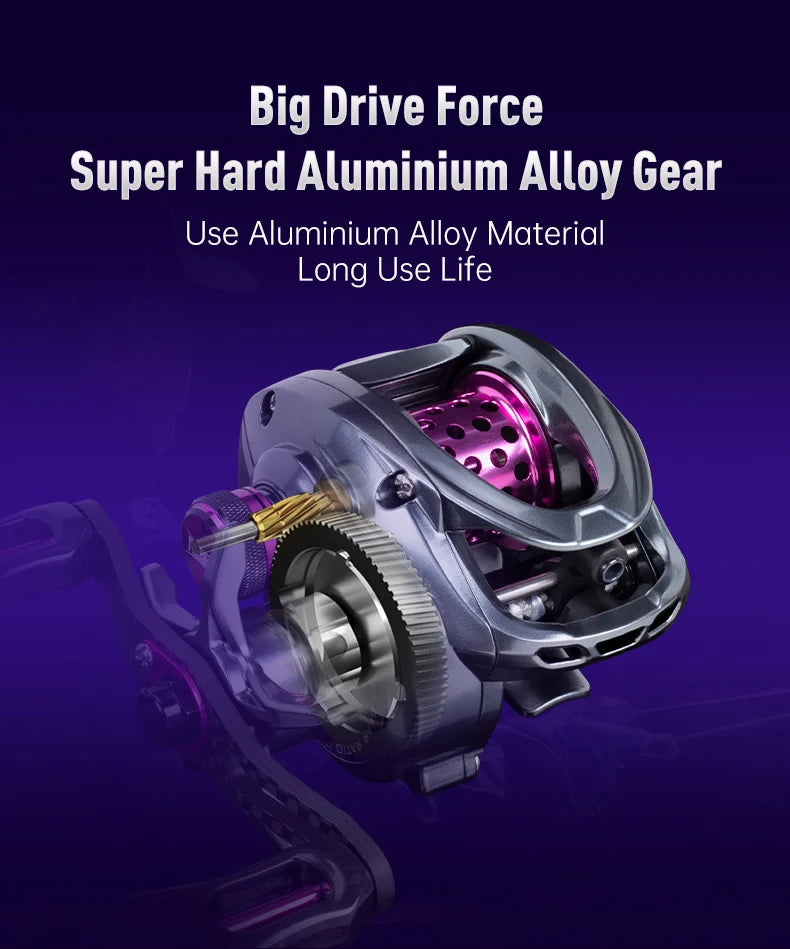 Aluminium alloy fishing reel with durable gear on a purple background, outdoor gear product.