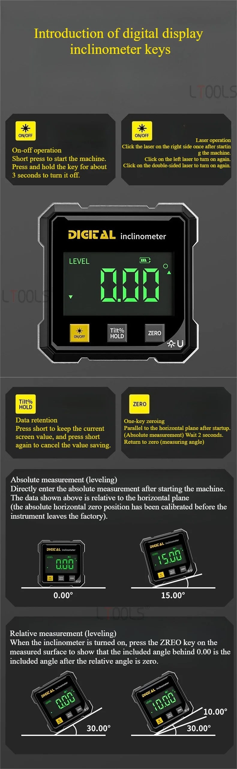 Digital Display Inclinometer Tool with Magnetic Leveling Feature