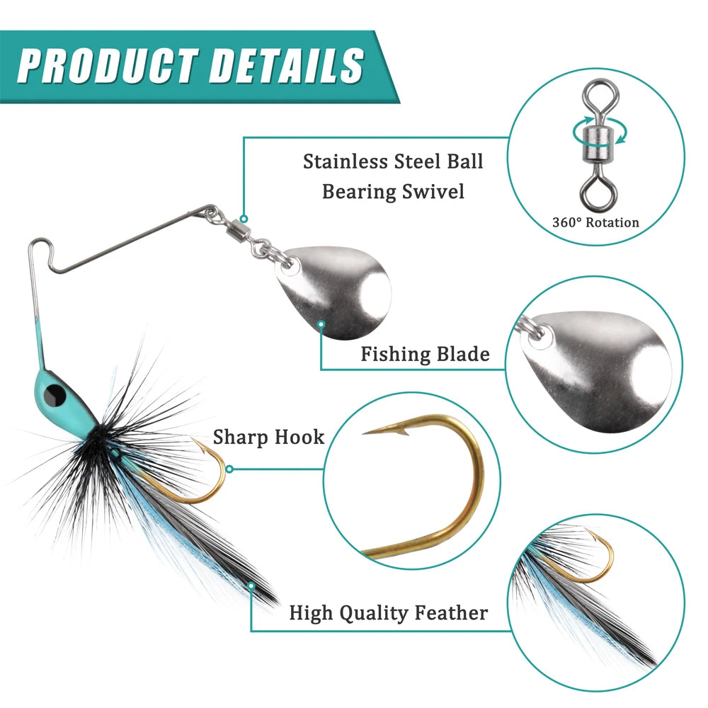 Fishing lure with stainless steel swivel, metal blade, sharp hook, and feather detail