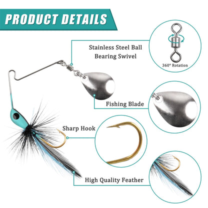 Fishing lure with stainless steel swivel, metal blade, sharp hook, and feather detail