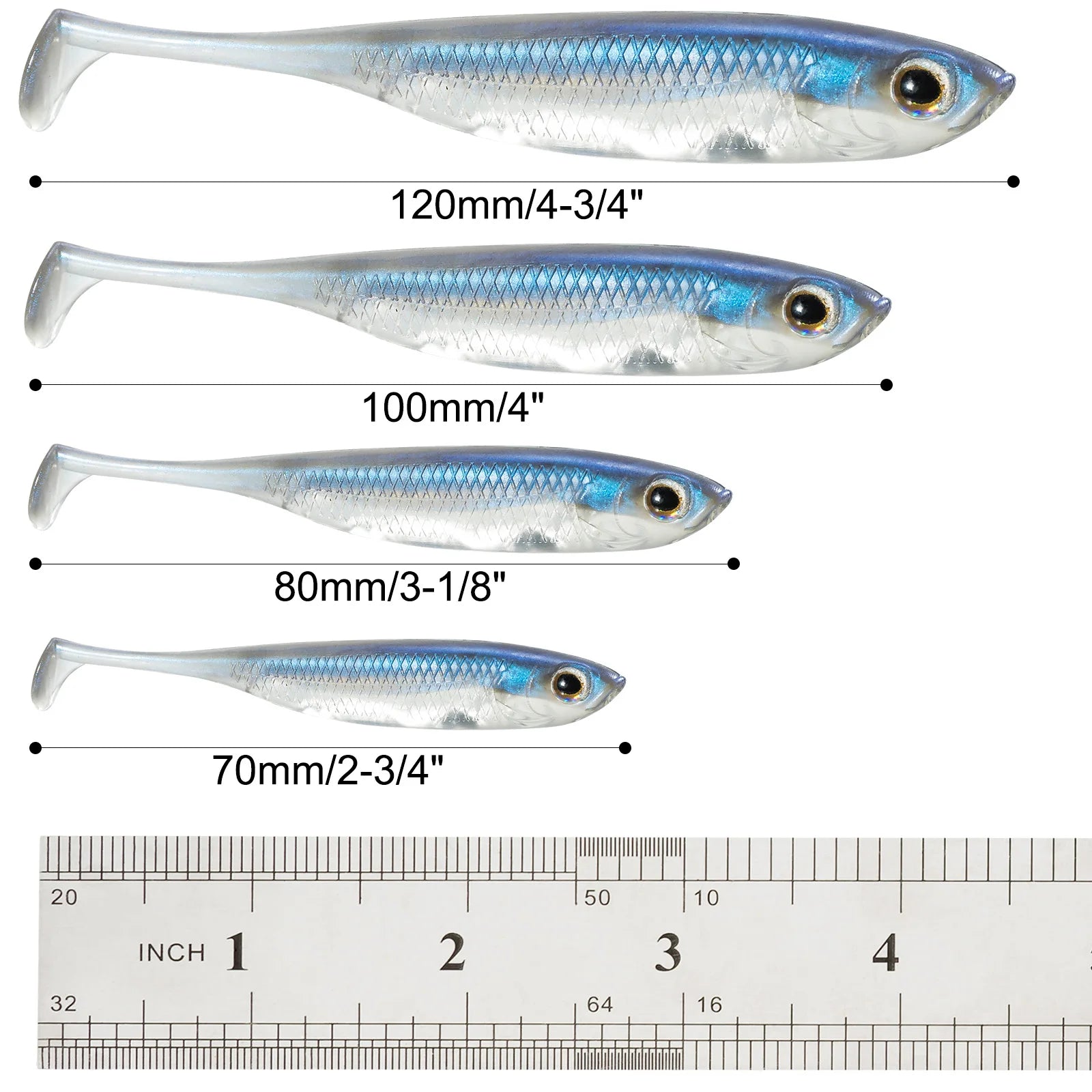 Set of four blue and silver soft plastic fishing lures in different sizes with ruler for scale.