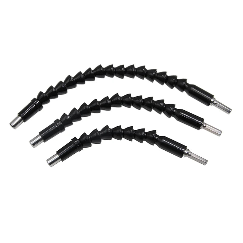 Three black flexible drill bits on a white background