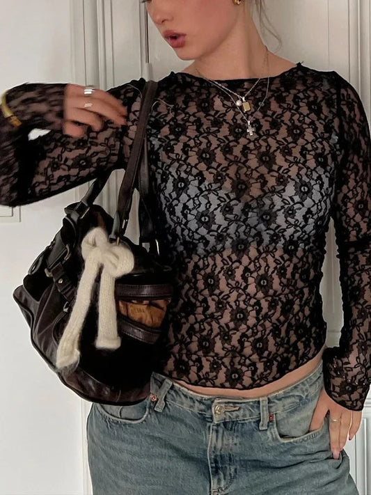 Lace Crop Top with Long Sleeves for Stylish Autumn Nights