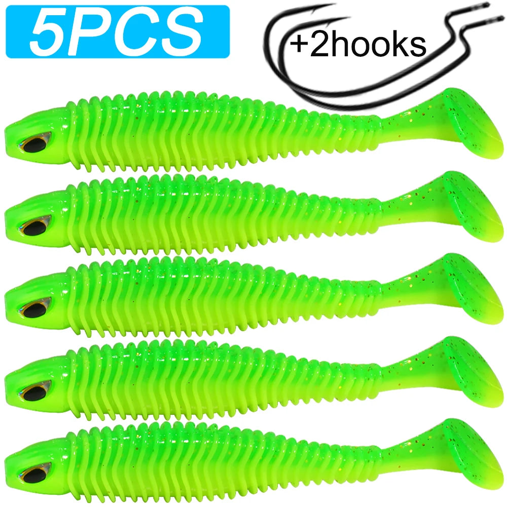 Set of 5 green soft plastic fishing lures with 2 hooks, ribbed paddle tail design