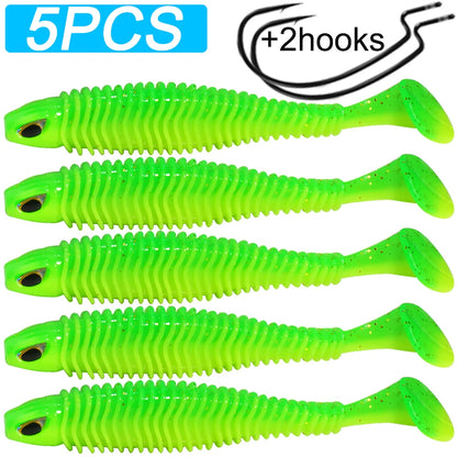 Set of 5 green soft plastic fishing lures with 2 hooks, ribbed paddle tail design