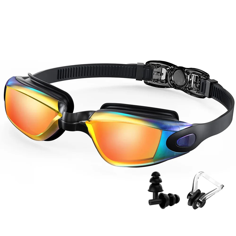 Black anti-fog UV swim goggles with rainbow mirrored lenses and adjustable strap.