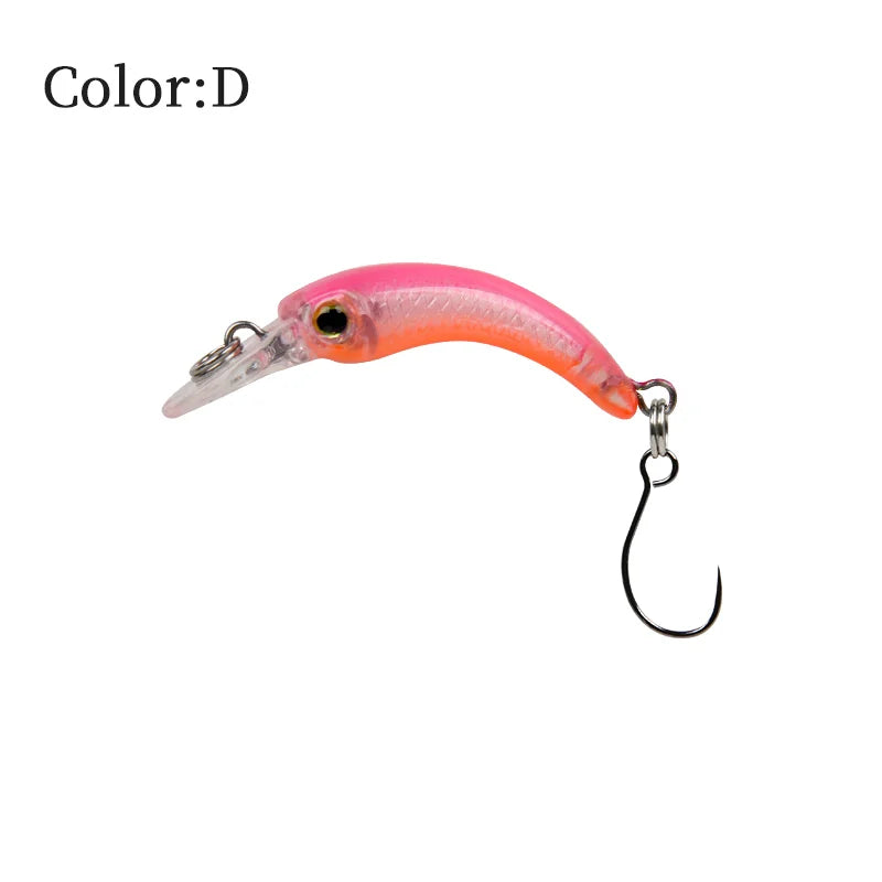 Pink and orange fishing lure with single hook, curved design for outdoor angling