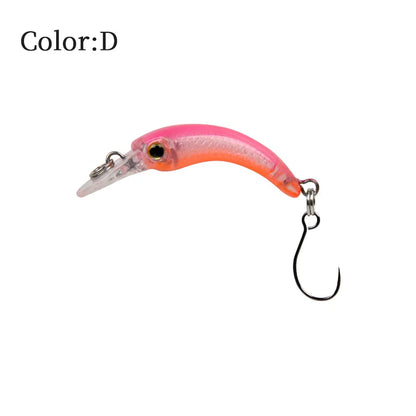 Pink and orange fishing lure with single hook, curved design for outdoor angling