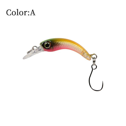 Curved fishing lure with colorful body and single hook, labeled color A, on white background.