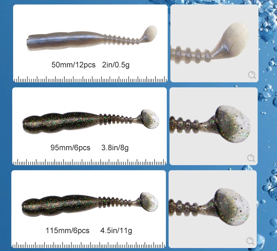 Assorted soft plastic paddle tail fishing lures in three sizes for outdoor angling.
