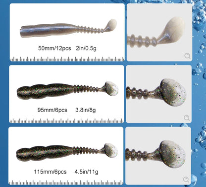 Assorted soft plastic paddle tail fishing lures in three sizes for outdoor angling.