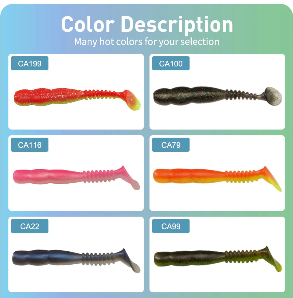 Six soft plastic fishing lures in assorted colors with product codes, ideal for outdoor angling.
