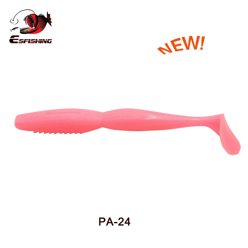 Pink soft plastic fishing lure with paddle tail, serrated belly, labeled PA-24