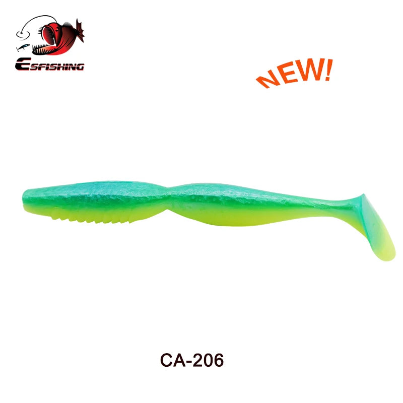Green and yellow soft plastic fishing lure with paddle tail, labeled CA-206, for outdoor angling