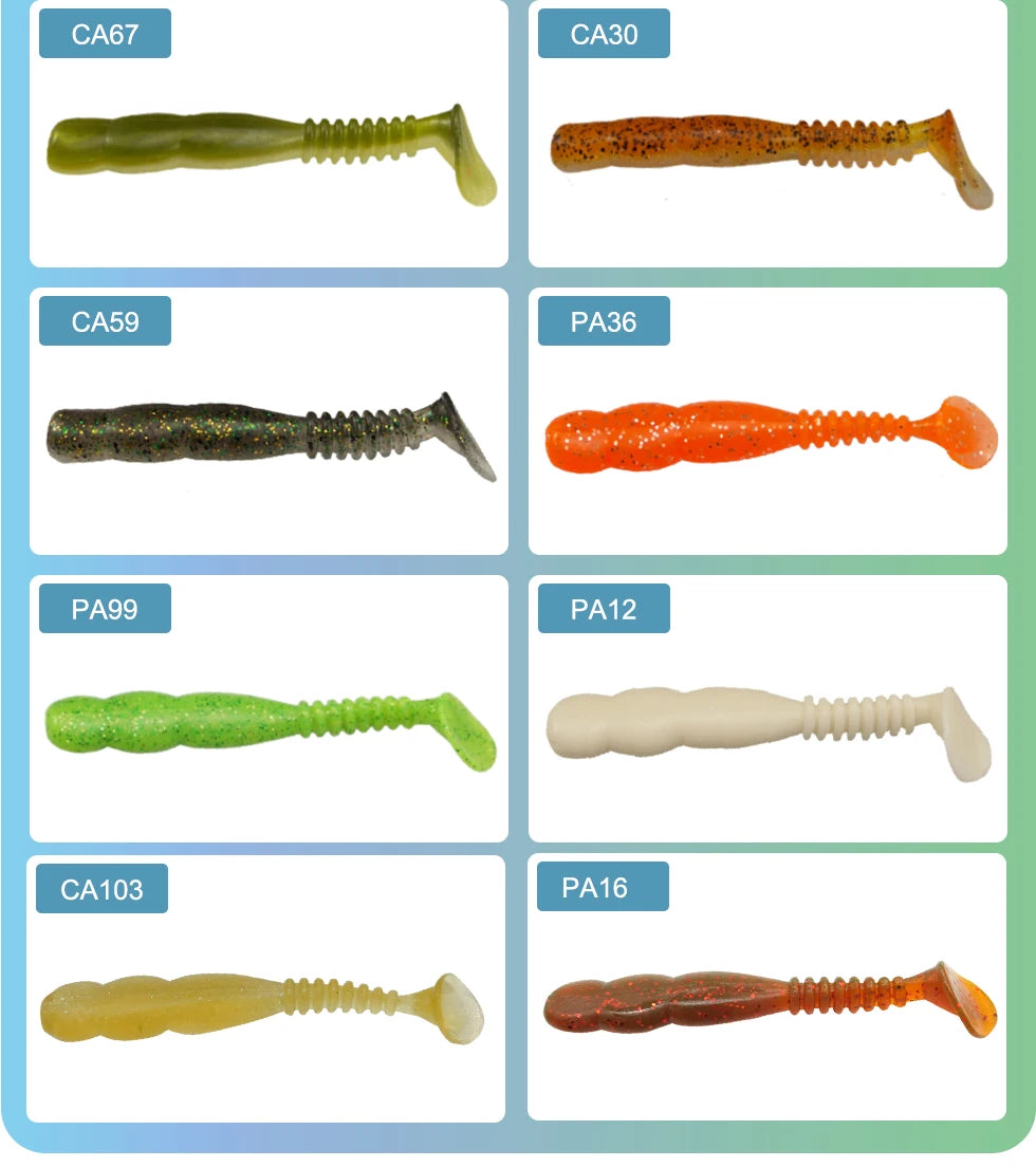 Assorted soft plastic fishing lures in various colors, paddle tail design, labeled with codes.