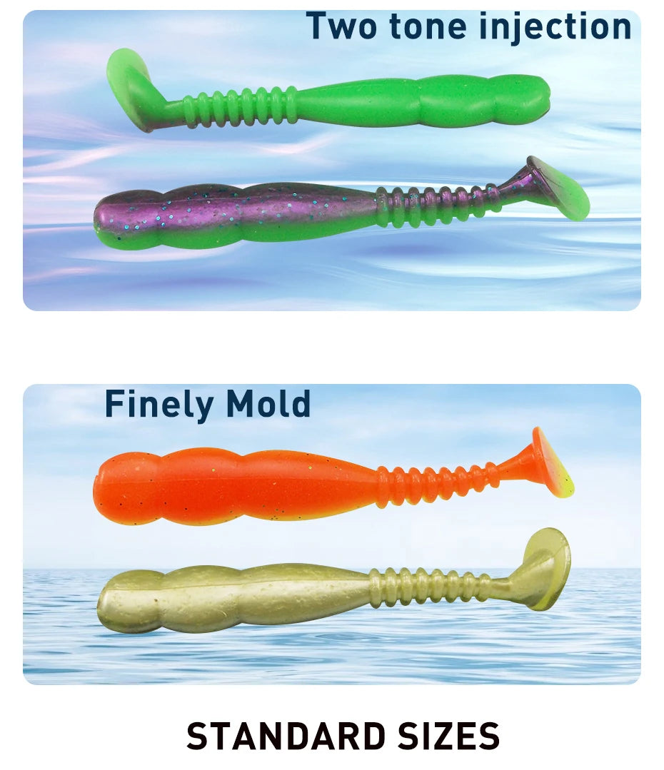 Assorted soft plastic paddle tail fishing lures in green, purple, orange, and gold on blue background.