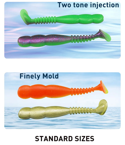 Assorted soft plastic paddle tail fishing lures in green, purple, orange, and gold on blue background.