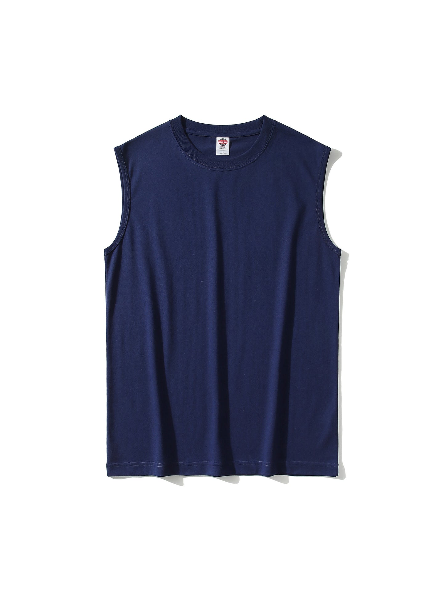 Navy sleeveless shirt with a brand logo on a white background