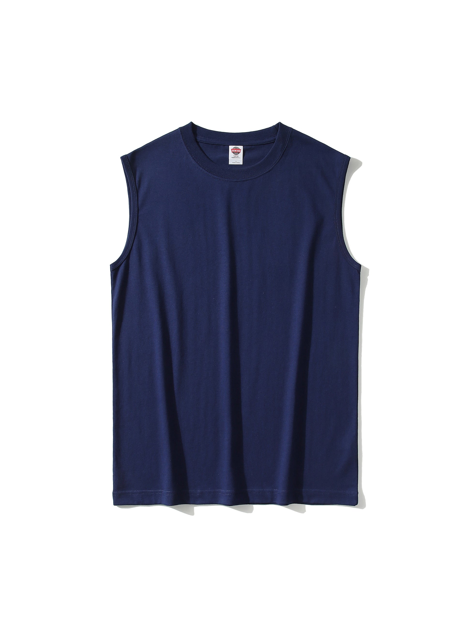 Navy sleeveless shirt with a brand logo on a white background