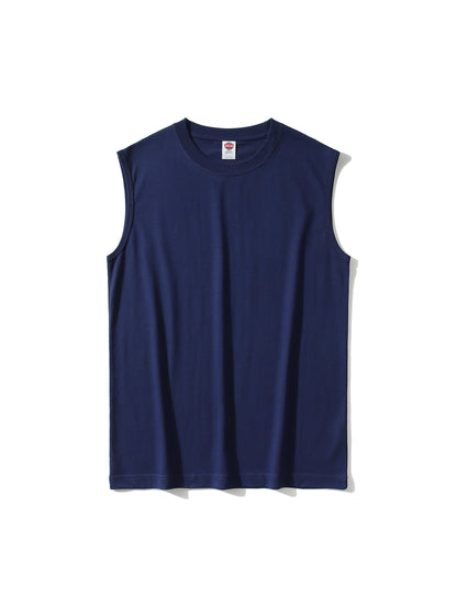 Navy sleeveless shirt with a brand logo on a white background