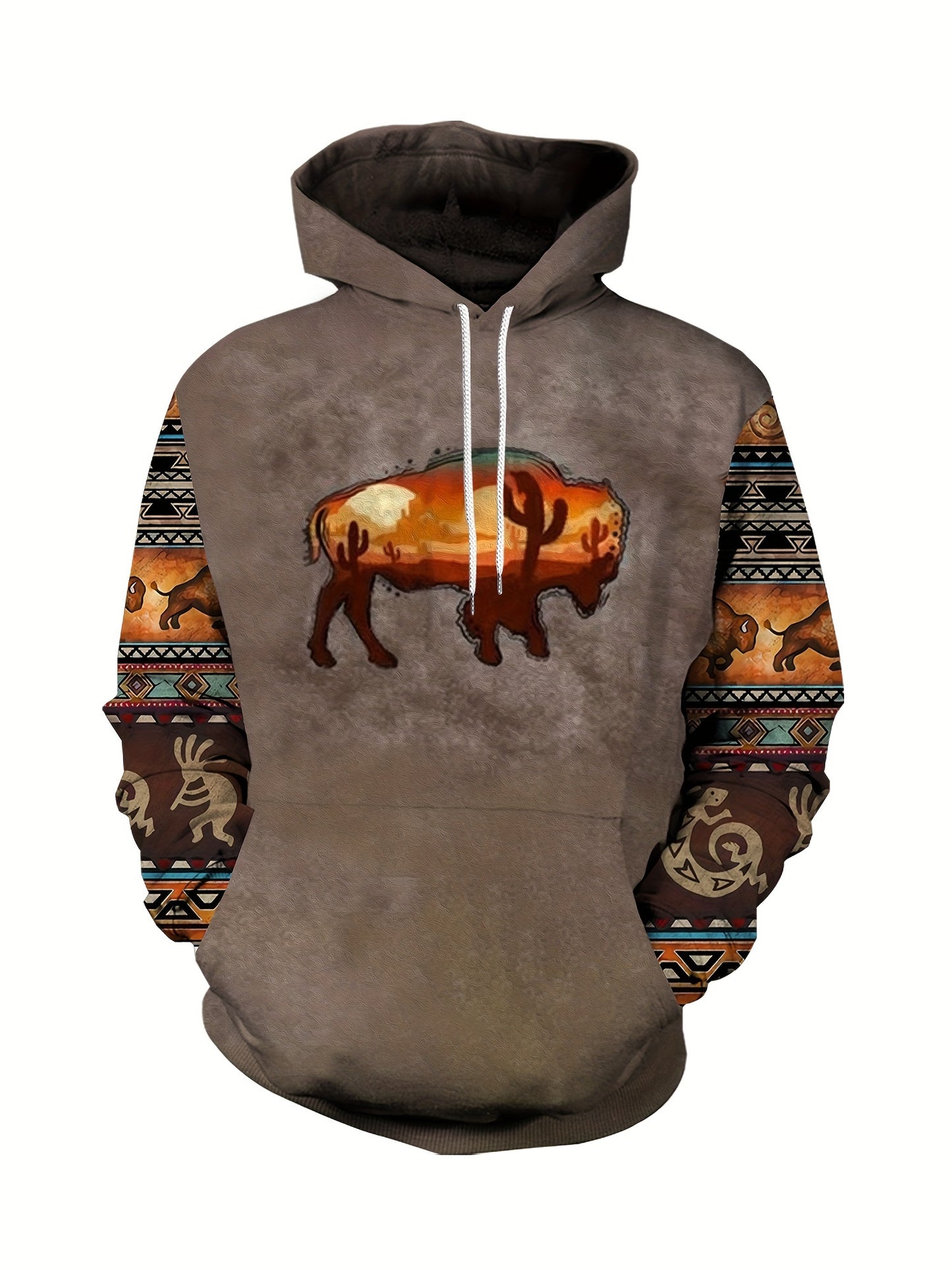 Plus Size Men's Hoodie with Bold Ethnic Prints for Fall
