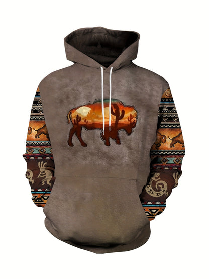 Plus Size Men's Hoodie with Bold Ethnic Prints for Fall