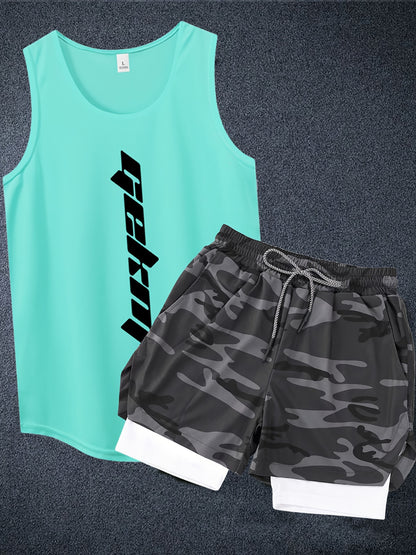 Men's 2pcs Outfits, Letter Print, Casual Graphic Tank Top 2-In-1 Shorts Set, Men's Clothing