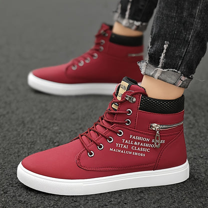 Red high-top sneakers with white soles worn by a person on a gray surface