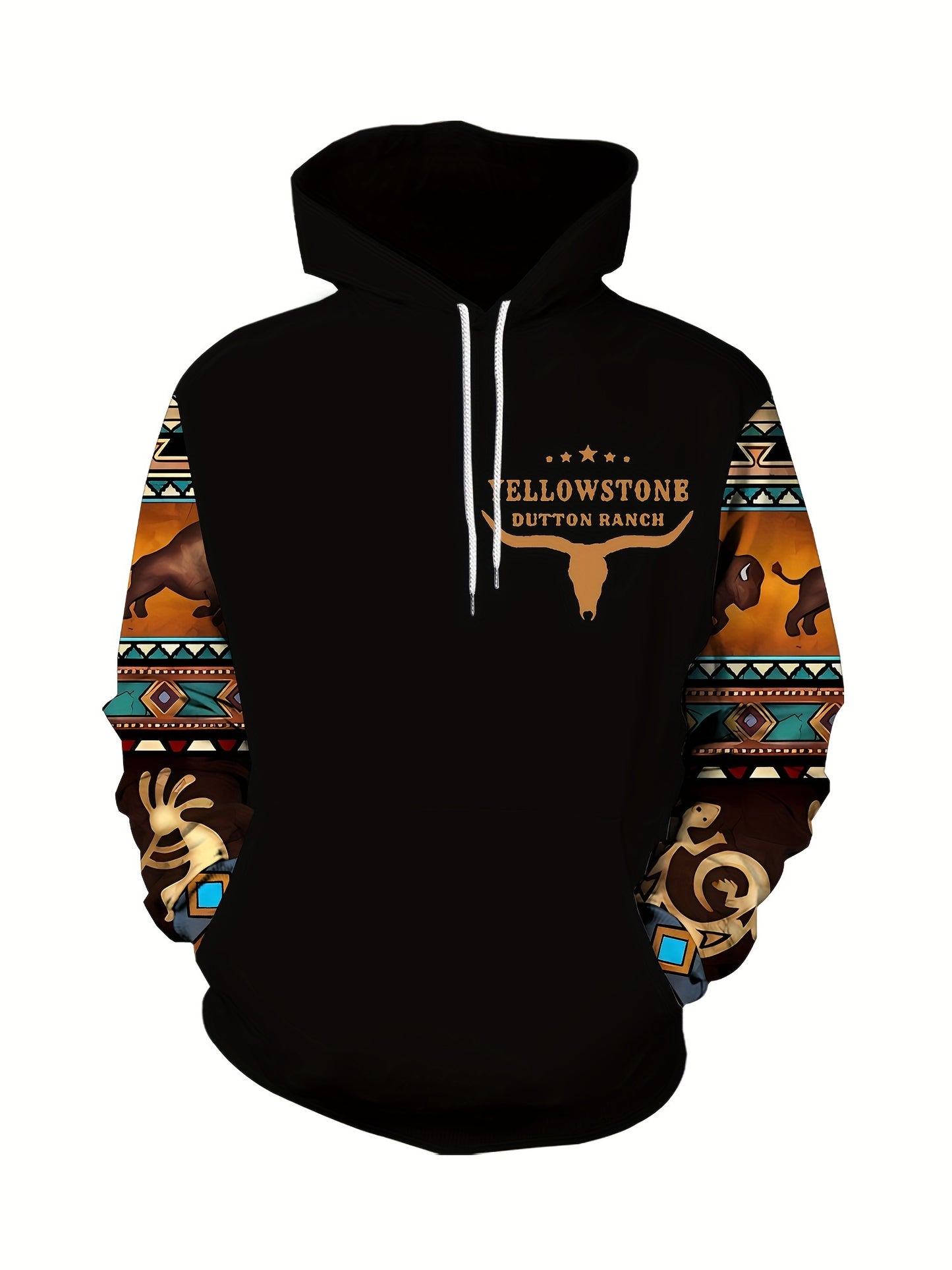 Plus Size Men's Hoodie with Bold Ethnic Prints for Fall