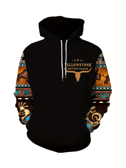 Plus Size Men's Hoodie with Bold Ethnic Prints for Fall