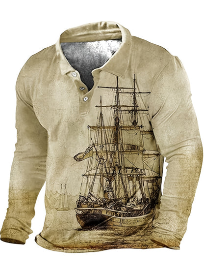 Plus Size Men's 3D Sailboat Print Long Sleeve Shirt