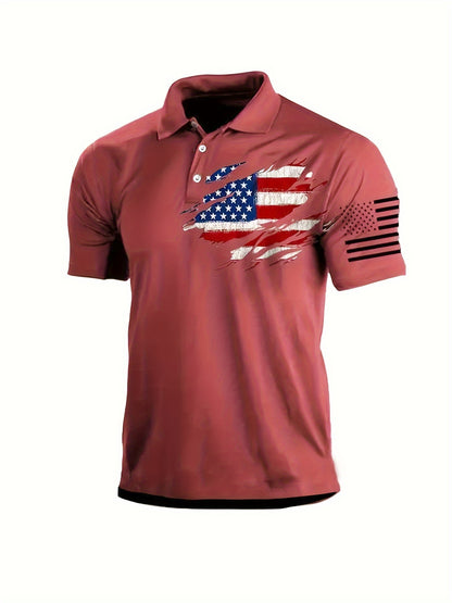 Slightly Stretch Button-Up Golf Shirt with Flag Pattern