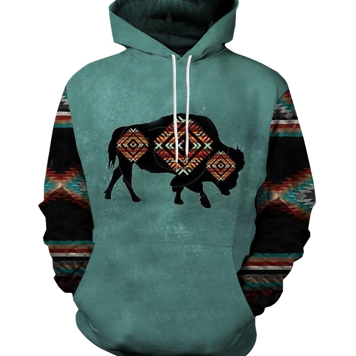 Plus Size Men's Hoodie with Bold Ethnic Prints for Fall