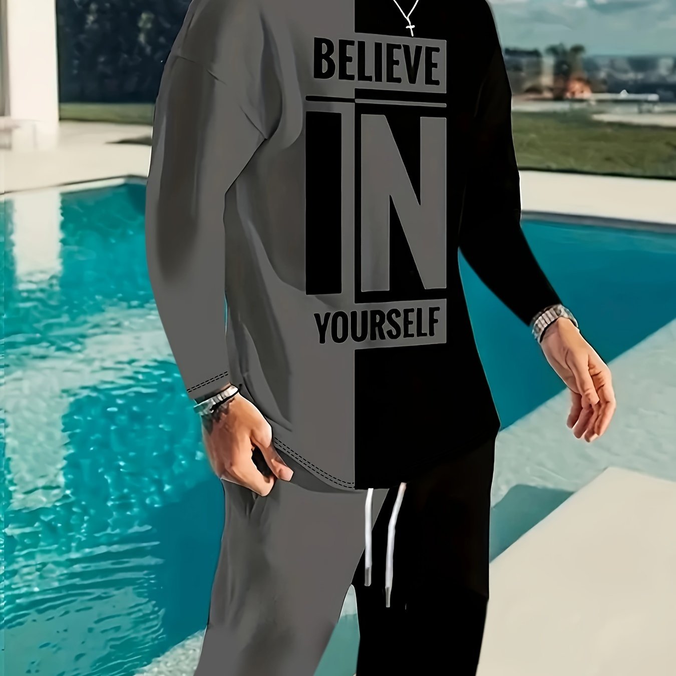 Color Block Casual Men's 2-Piece Outfit Set for Fall/Winter