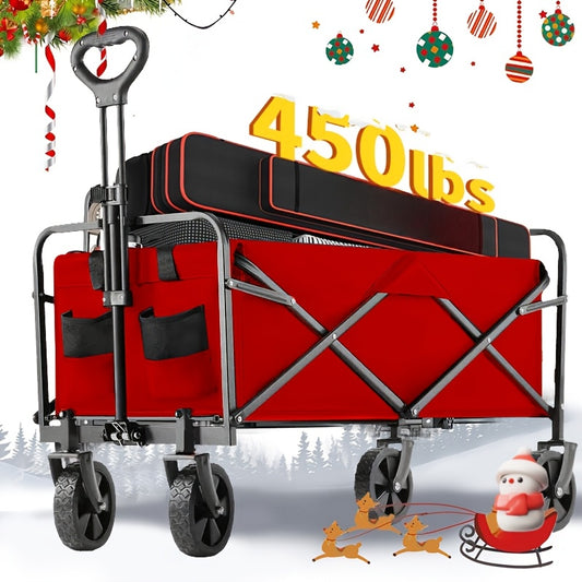 Red and black folding cart with a capacity of 450 lbs, decorated for Christmas with ornaments and Santa Claus in the background.
