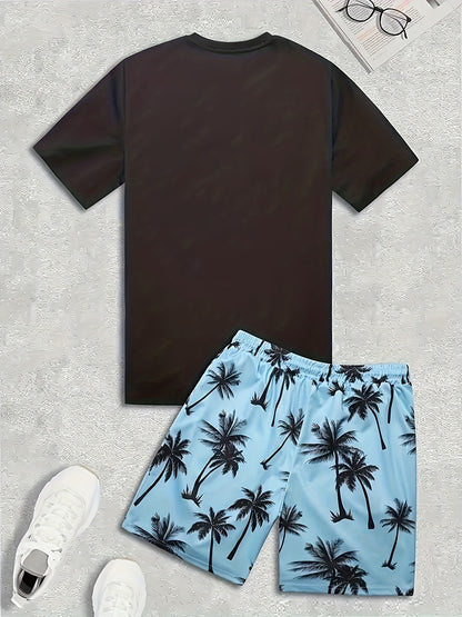 Men's Coconut Tree Pattern T-Shirt and Pink Shorts Set