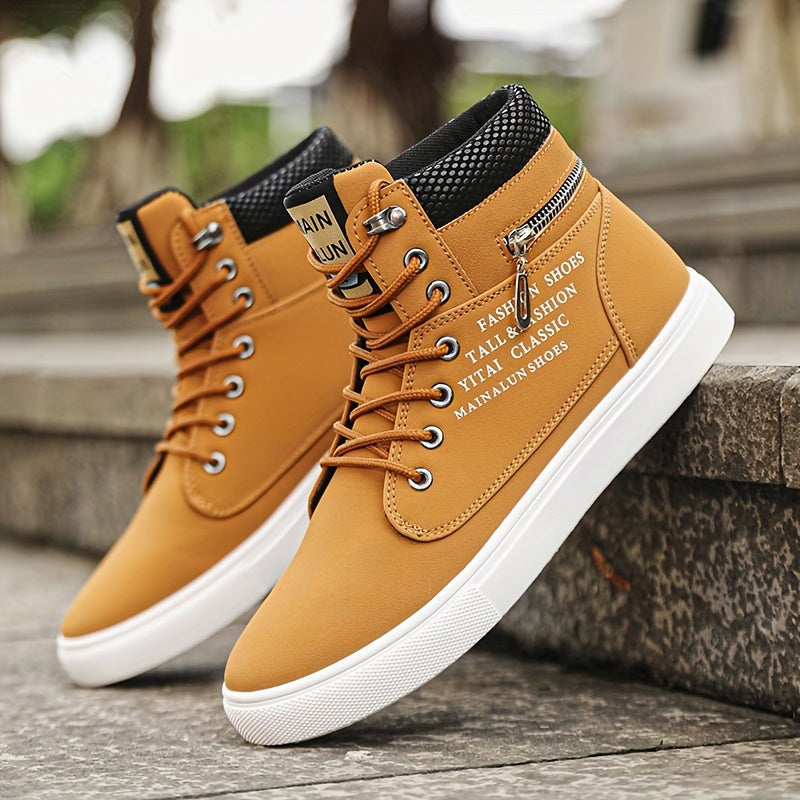 Pair of tan high-top sneakers with white soles on a wooden surface.