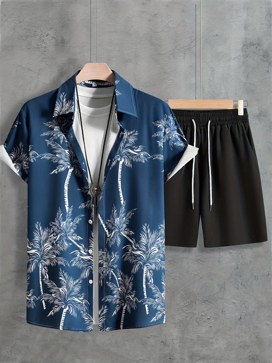 Men's Casual Coconut Tree Print Shirt and Shorts Set