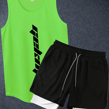 Men's 2pcs Outfits, Letter Print, Casual Graphic Tank Top 2-In-1 Shorts Set, Men's Clothing