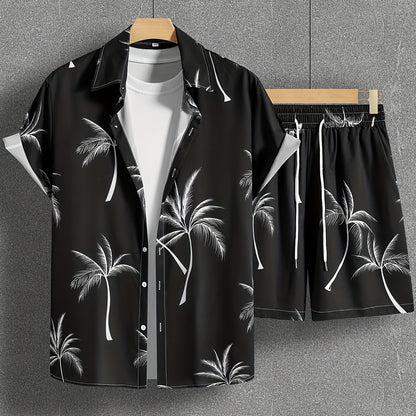 Coconut Tree Print Men's Summer Outfit - Shirt and Shorts Set