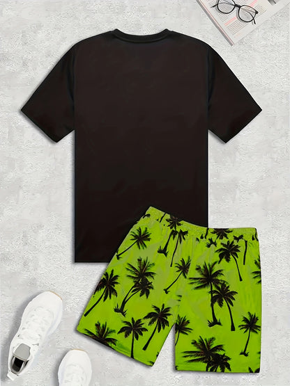 Men's Coconut Tree Pattern T-Shirt and Pink Shorts Set