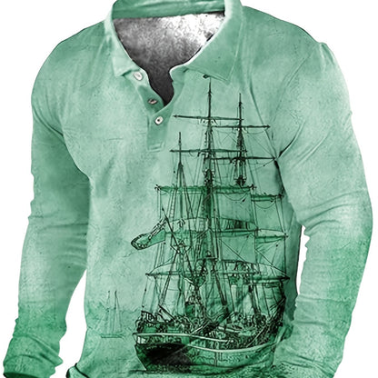 Plus Size Men's 3D Sailboat Print Long Sleeve Shirt
