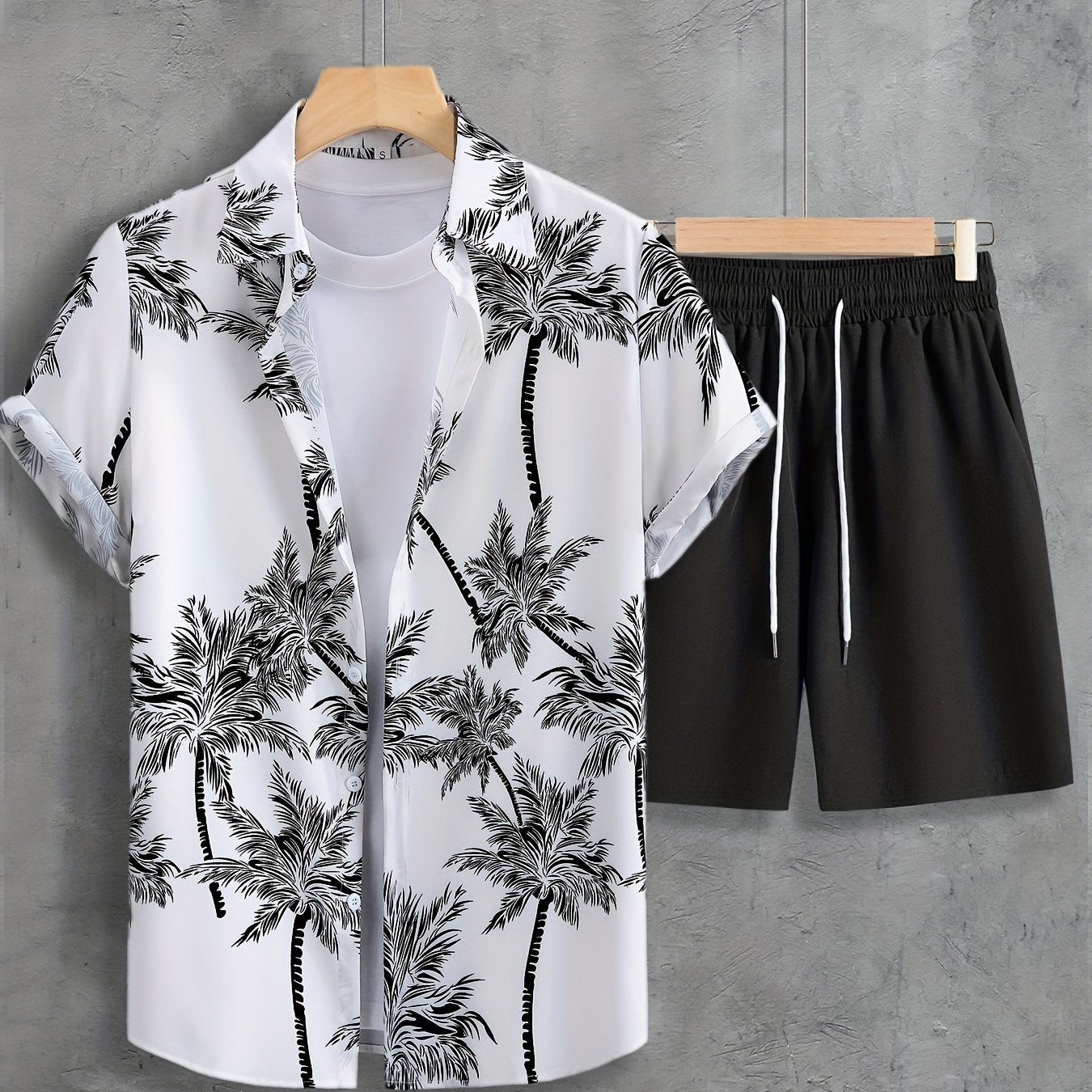 Men's Casual Coconut Tree Print Shirt and Shorts Set
