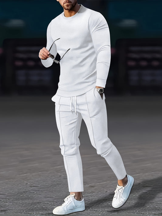 Waffle Pattern Men's 2-Piece Casual Pullover and Jogger Set