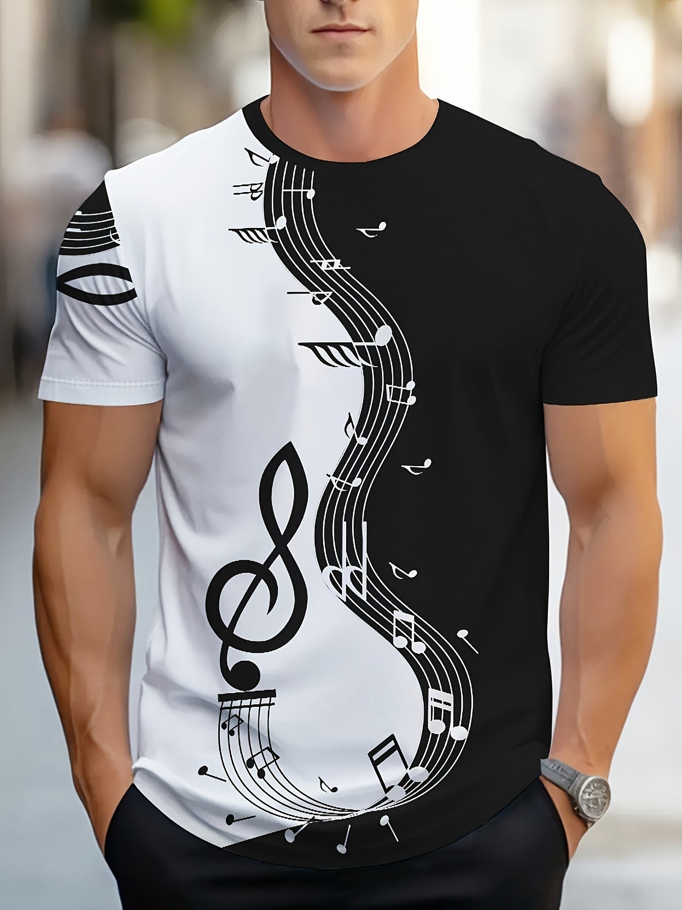 Men's Casual Short Sleeve Note Print T-shirt for Outdoors