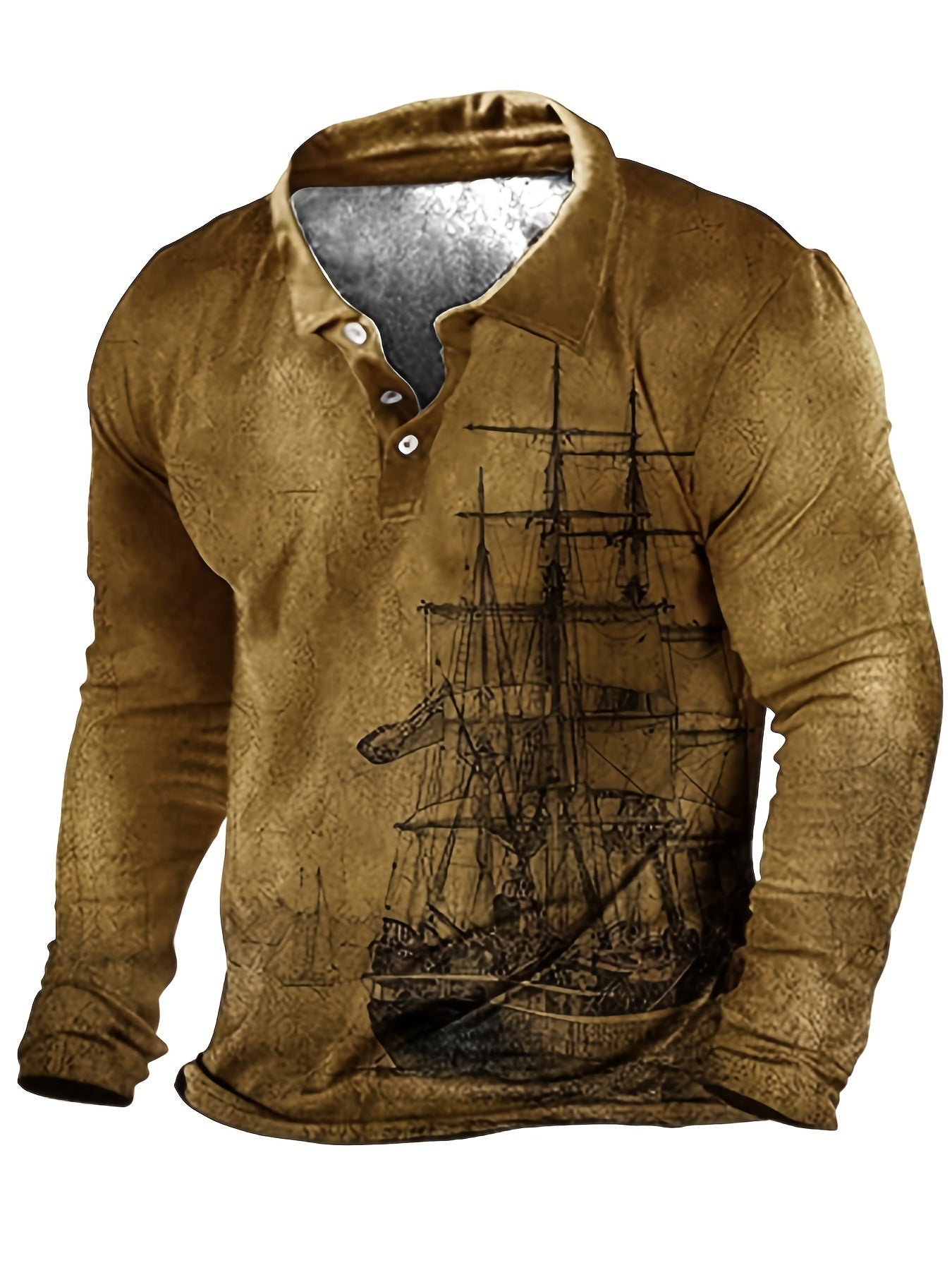 Plus Size Men's 3D Sailboat Print Long Sleeve Shirt