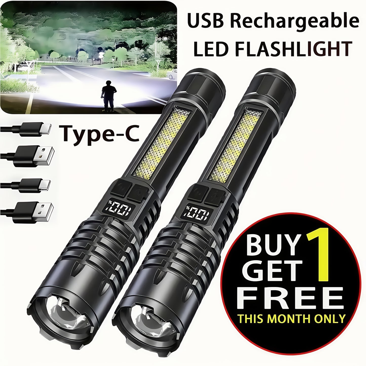 Two USB rechargeable LED flashlights with a 'Buy 1 Get Free' offer on a white background.